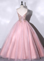 Party Dress Codes, Pink Ball Gown Beaded V-neckline Prom Dress, Pink Sweet 16 Dresses