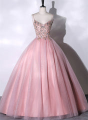 Party Dresses For Wedding, Pink Ball Gown Beaded V-neckline Prom Dress, Pink Sweet 16 Dresses