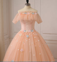 Prom Dresses Dark Blue, Pink Ball Gown Off Shoulder Tulle Sweet 16 Dress with Flowers, Pink Formal Dress