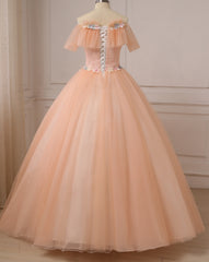 Prom Dress Navy, Pink Ball Gown Off Shoulder Tulle Sweet 16 Dress with Flowers, Pink Formal Dress