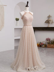 Prom Dress2024, Pink Beaded Tulle Halter Long Formal Dress Evening Dress, Pink Long A-line Party Dress