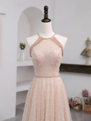 Prom Dressed 2024, Pink Beaded Tulle Halter Long Formal Dress Evening Dress, Pink Long A-line Party Dress