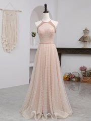Prom Dresses Around Me, Pink Beaded Tulle Halter Long Formal Dress Evening Dress, Pink Long A-line Party Dress