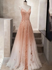 Evening Dresses Online Shopping, Pink Beaded Tulle Prom Dress Evening Dress, Straps Gradient Party Dresses