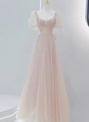 Long Prom Dress, Pink Beaded Tulle Short Sleeves Long Party Dress, Pink Sweet 16 Dresses