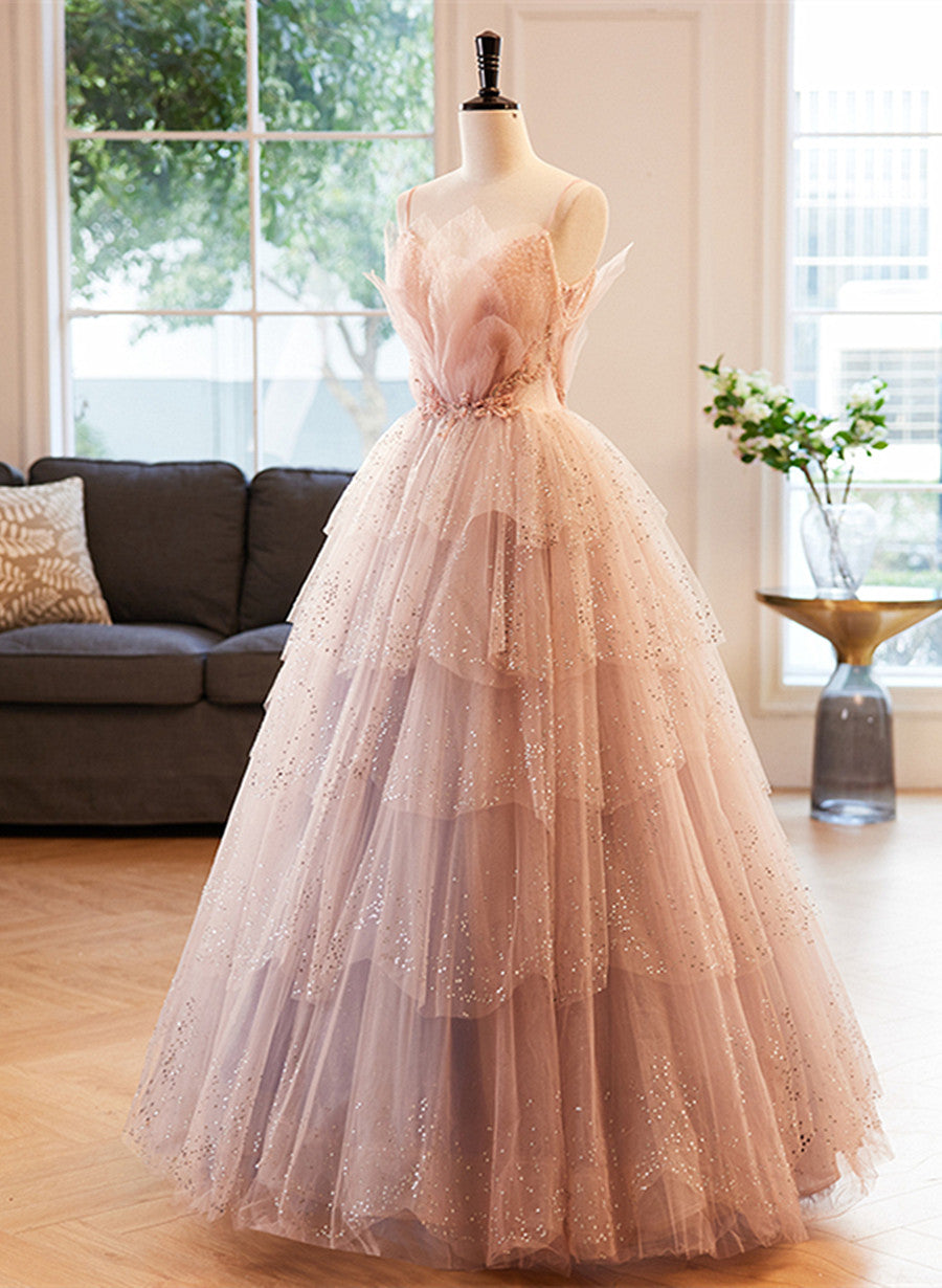 Elegant Prom Dress, Pink Beaded V-neckline Tulle Party Dress Prom Dress, Tulle Layers Sweet 16 Dress