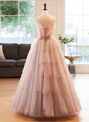 Prom Dress Long, Pink Beaded V-neckline Tulle Party Dress Prom Dress, Tulle Layers Sweet 16 Dress