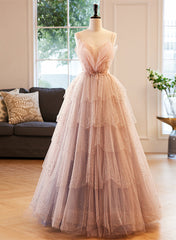 Midi Dress, Pink Beaded V-neckline Tulle Party Dress Prom Dress, Tulle Layers Sweet 16 Dress