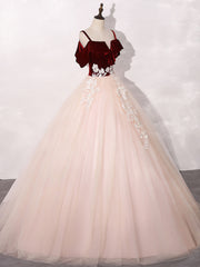 Prom Dresses Ball Gowns, Pink/Burgundy Tulle Long Prom Dresses, A-Line Formal Sweet 16 Dress with Lace