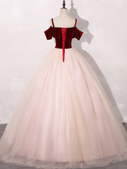 Prom Dresses Laced, Pink/Burgundy Tulle Long Prom Dresses, A-Line Formal Sweet 16 Dress with Lace
