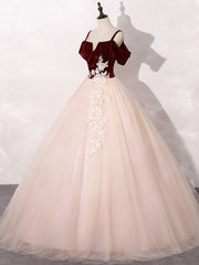 Prom Dresses Laces, Pink/Burgundy Tulle Long Prom Dresses, A-Line Formal Sweet 16 Dress with Lace