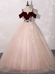 Prom Dressed Ball Gown, Pink/Burgundy Tulle Long Prom Dresses, A-Line Formal Sweet 16 Dress with Lace
