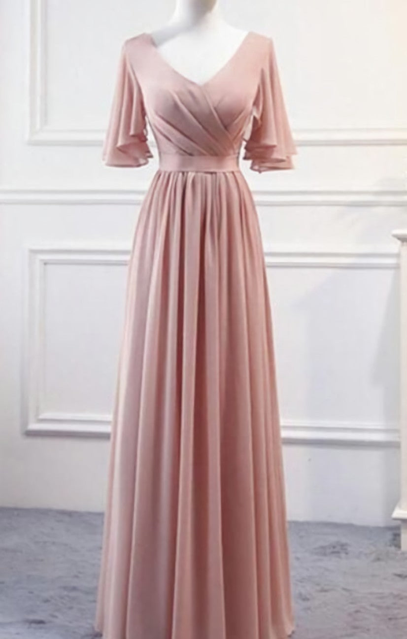 Sage Green Wedding, Pink Chiffon Bridesmaid Dresses , Long Formal prom gown