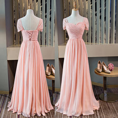 Bridesmaid Dresses Blues, Pink Chiffon Cap Sleeves Long Bridesmaid Dress, Floor Length Pink Party Dress