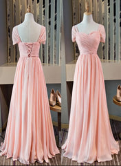 Bridesmaid Dress Blue, Pink Chiffon Cap Sleeves Long Bridesmaid Dress, Floor Length Pink Party Dress