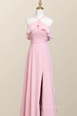 Party Dresses Websites, Pink Chiffon Ruffle Halter A-line Long Bridesmaid Dress