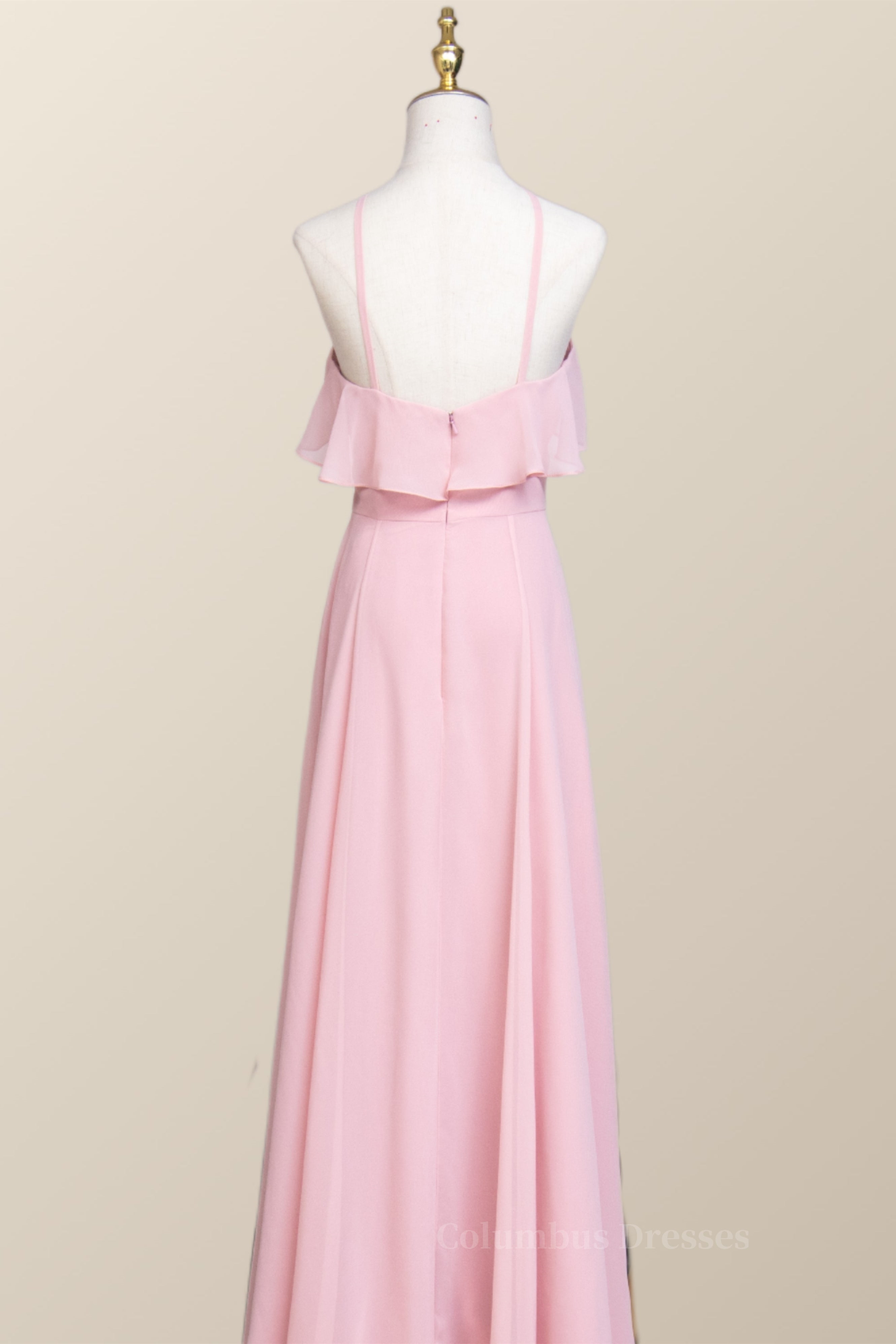 Party Dress Brands, Pink Chiffon Ruffle Halter A-line Long Bridesmaid Dress
