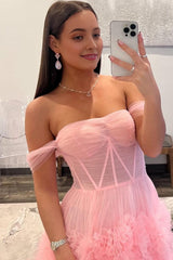Pink Corset Off the Shoulder Long Prom Dress with Ruffles