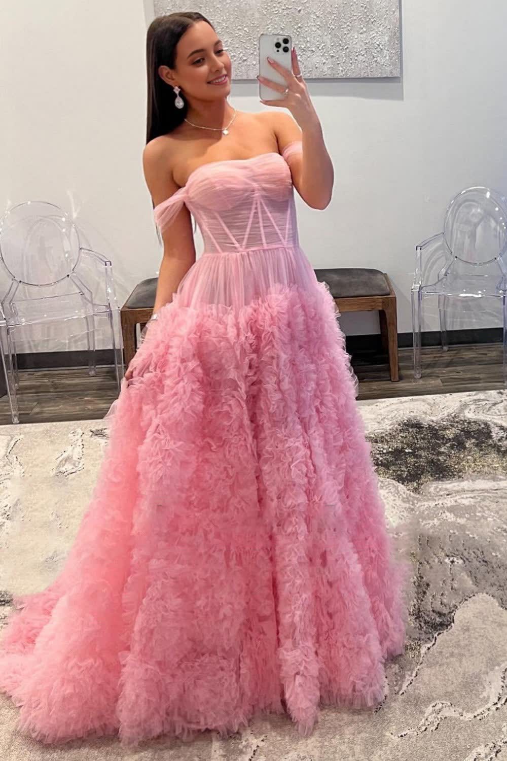 Pink Corset Off the Shoulder Long Prom Dress with Ruffles