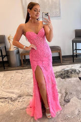 Pink Corset Sweetheart Long Lace Prom Dress with Slit
