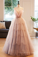 Bridesmaid Dresses Winter, Pink Deep V Neck Straps Beaded Appliques Multi-Layers Maxi Formal Dress