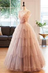Bridesmaid Dresses Blush, Pink Deep V Neck Straps Beaded Appliques Multi-Layers Maxi Formal Dress