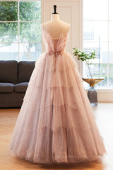 Bridesmaid Dresses Champagne, Pink Deep V Neck Straps Beaded Appliques Multi-Layers Maxi Formal Dress