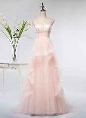 Wedding Dresses Lace A Line, Pink Elegant Tulle A-line Floor Length Wedding Party Dresses, Light Pink Gown