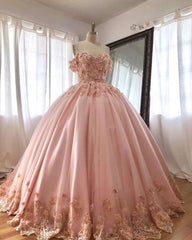 Party Dresses In Store, Pink Embroidered Lace Quinceanera Dresses Ball Gowns, Long Prom Dress