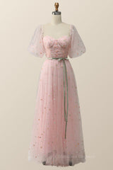 Prom Dress Chiffon, Pink Floral Embroidered Dress with Half Puffy Sleeves
