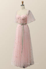 Prom Dress And Boots, Pink Floral Embroidered Dress with Half Puffy Sleeves