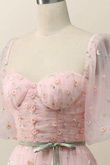 Prom Dresses With Shorts Underneath, Pink Floral Embroidered Dress with Half Puffy Sleeves