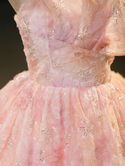 Prom Dress A Line, Pink Flower Long Princess Dress, Pink Strapless Formal Evening Dress