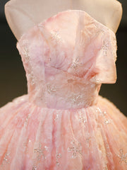 Prom Dressed A Line, Pink Flower Long Princess Dress, Pink Strapless Formal Evening Dress