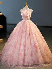Prom Dresses Green, Pink Flower Long Princess Dress, Pink Strapless Formal Evening Dress