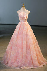 Prom Dress Spring, Pink Flower Long Princess Dress, Pink Strapless Formal Evening Dress