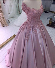 Wedding Shoes, Pink Flowers Off Shoulder Satin Ball Gown Prom Dress, Pink Evening Dress Party Dress