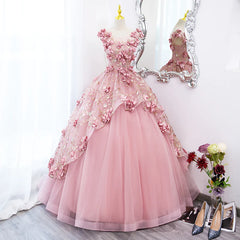 Princess Dress, Pink Flowers Round Neckline Floor Length Sweet 16 Dress, Pink Long Formal Dress