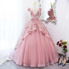 Evening Dress Elegant, Pink Flowers Round Neckline Floor Length Sweet 16 Dress, Pink Long Formal Dress