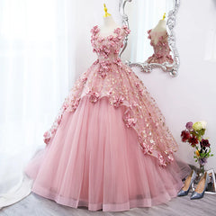 2024 Prom Dress, Pink Flowers Round Neckline Floor Length Sweet 16 Dress, Pink Long Formal Dress