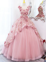 Blue Dress, Pink Flowers Round Neckline Floor Length Sweet 16 Dress, Pink Long Formal Dress