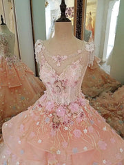 Prom Dresses Long Navy, Pink Flowers Round Neckline Sweet 16 Dress, Pink Quinceanera Dress