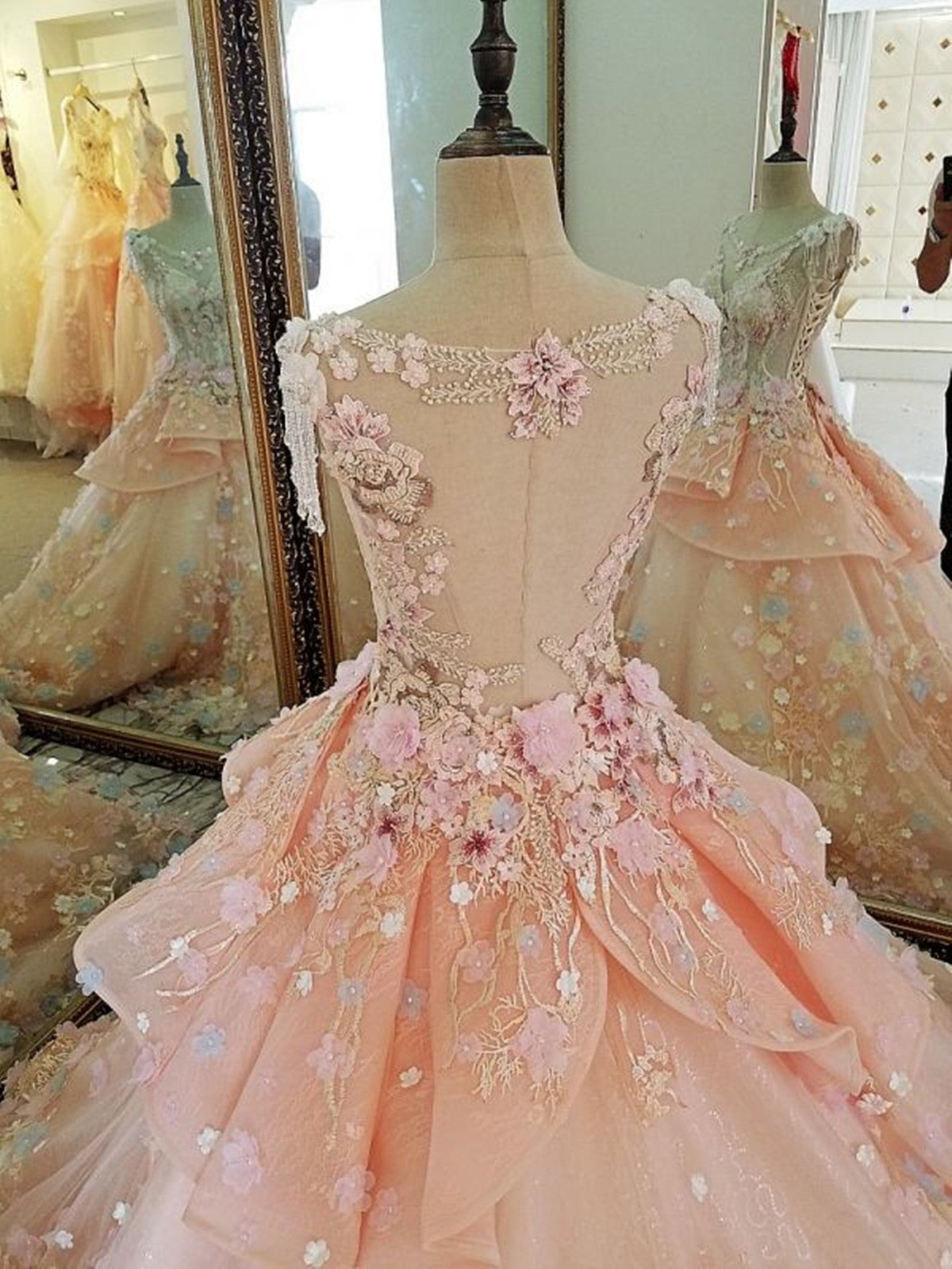Prom Dresses Long Light Blue, Pink Flowers Round Neckline Sweet 16 Dress, Pink Quinceanera Dress