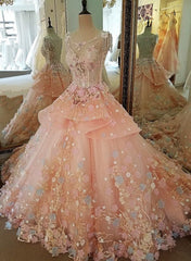 Bridesmaid Dress, Pink Flowers Round Neckline Sweet 16 Dress, Pink Quinceanera Dress