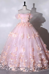Wedding Photo, Pink Flowers Sweetheart Ball Gown Formal Dresses, Pink Long Sweet 16 Dresses