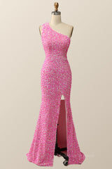 Prom Dresses Blue Long, Pink Glitters One Shoulder Mermaid Long Dress