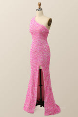 Prom Dress Off The Shoulder, Pink Glitters One Shoulder Mermaid Long Dress