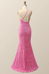 Prom Dress Long Quinceanera Dresses Tulle Formal Evening Gowns, Pink Glitters One Shoulder Mermaid Long Dress