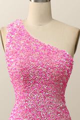 Prom Dresse Backless, Pink Glitters One Shoulder Mermaid Long Dress