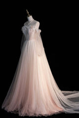 Party Dress Glitter, Pink Gradient Tulle Long A-Line Prom Dress, Long Sleeve Evening Party Dress